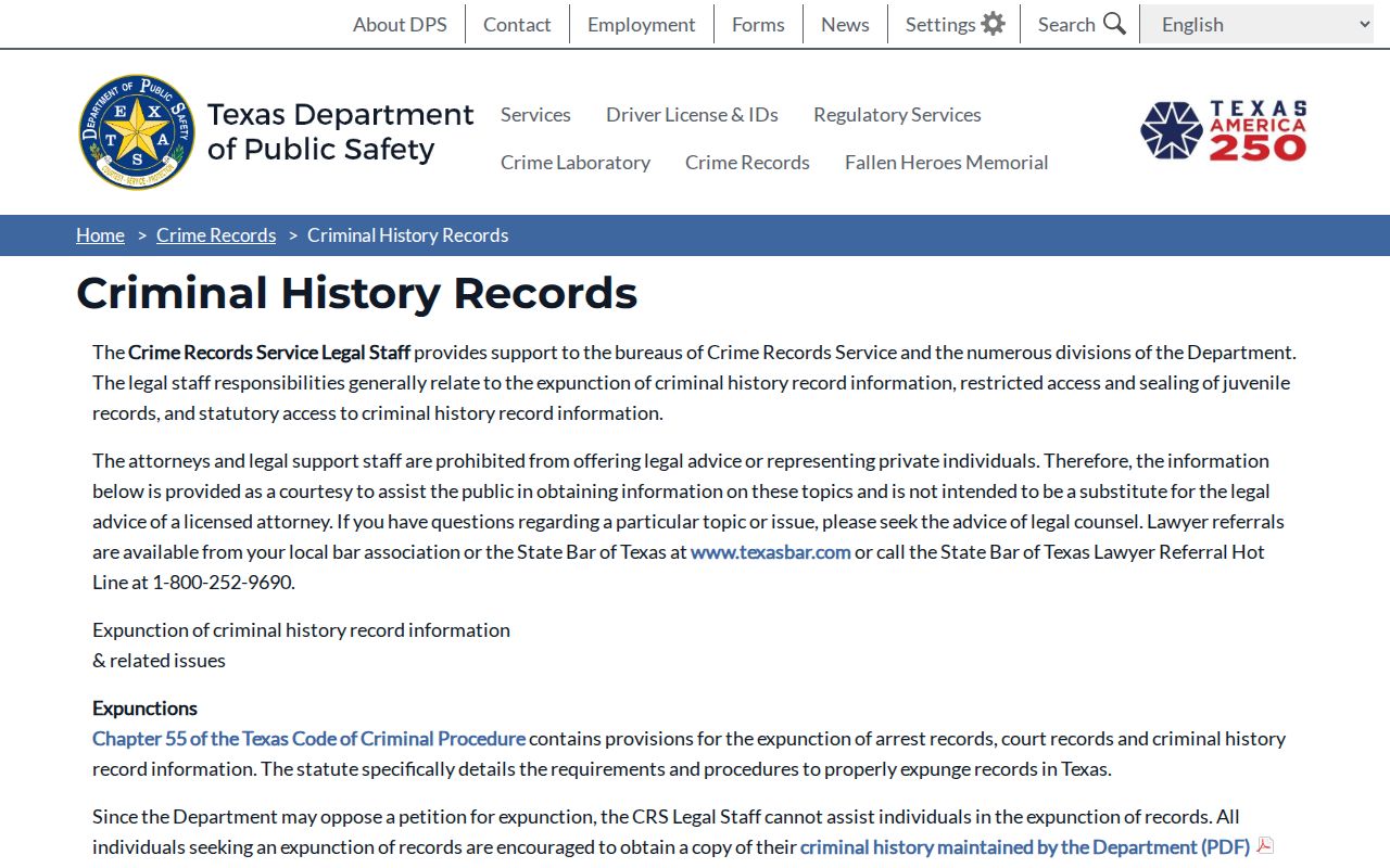 Texas DPS explanation of criminal-history records used for Meadow record checks