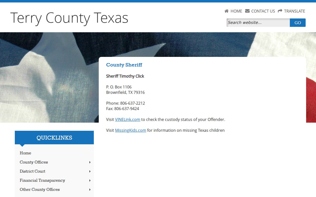 Terry County arrest and booking Sheriff contact page