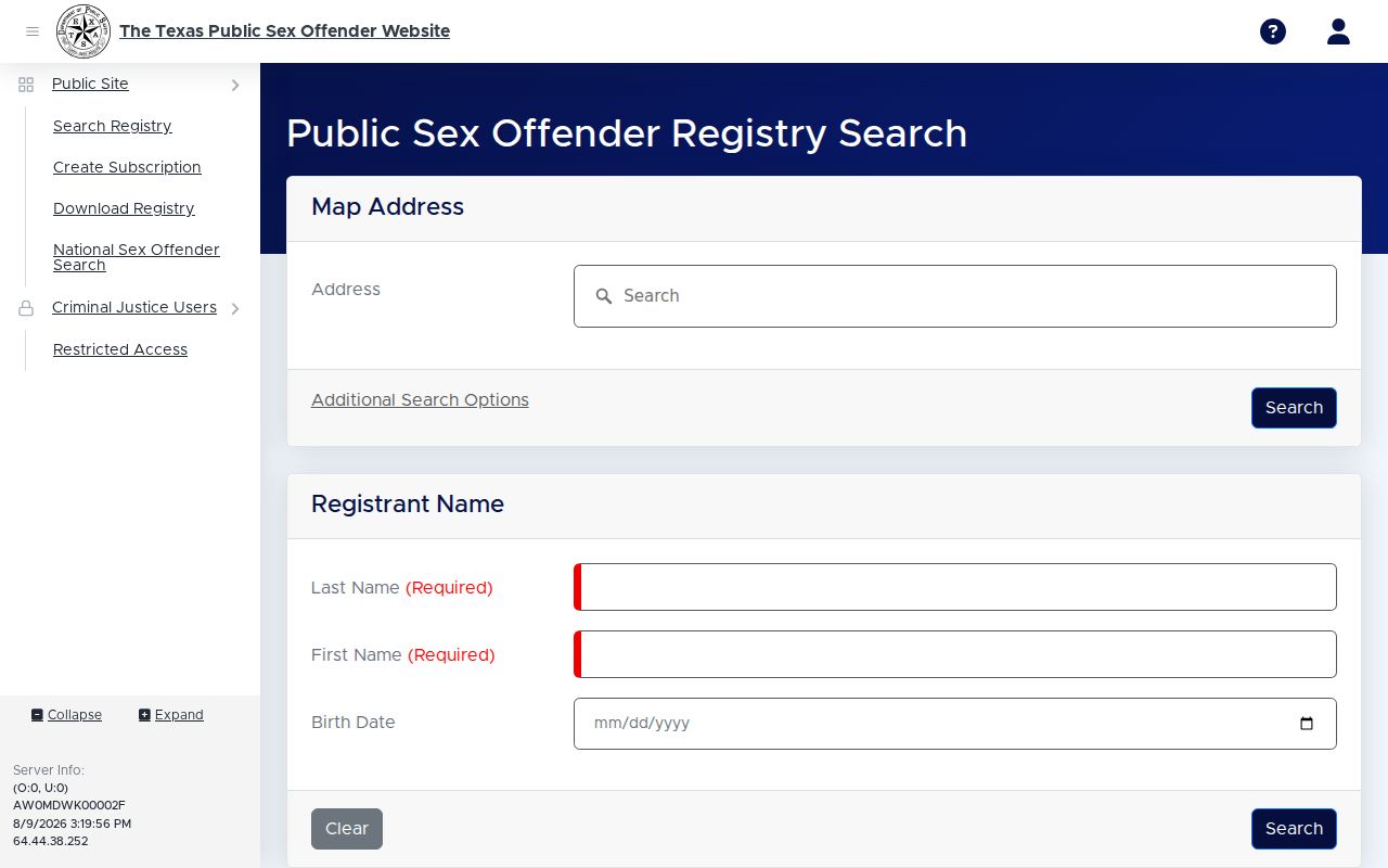 Terry County sex offender registry search screen