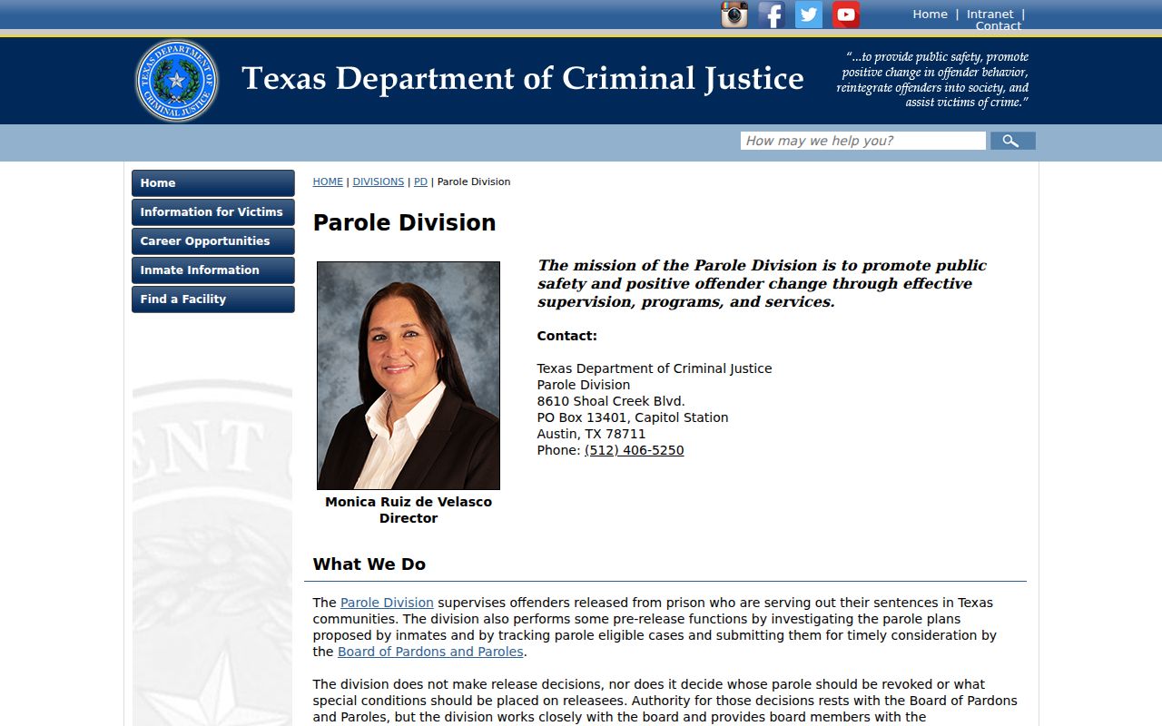 TDCJ Parole Division information for Wellman state custody research